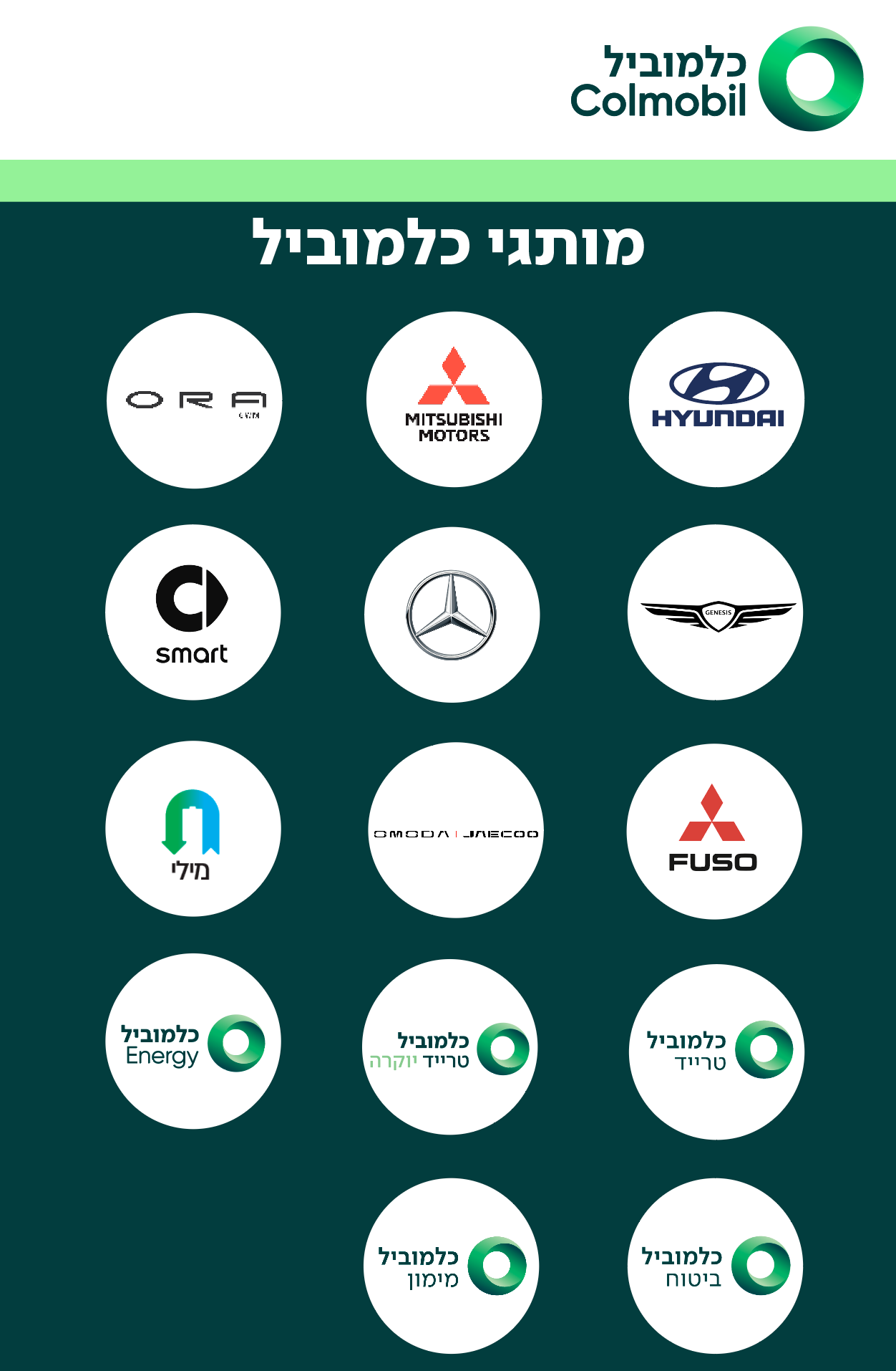 מותגי קבוצת כלמוביל: לוגו יונדאי, לוגו מיצובישי, לוגו מרצדס-בנץ, לוגו ג'נסיס, לוגו ORA, לוגו כלמוביל טרייד אין, לוגו כלמוביל פתרונות מימון לרכב, לוגו כלמוביל הובלה והיסעים, לוגו כלמוביל ביטוח סוכנות לביטוח, לוגו אנרפוינט ישראל אנרפוינט נכסים.